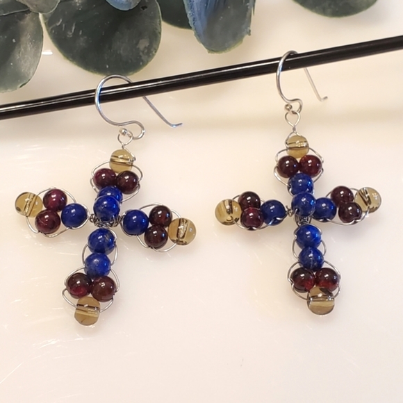 Jewelry - E-21 NEW 925 Precious Cross Gemstone Earrings